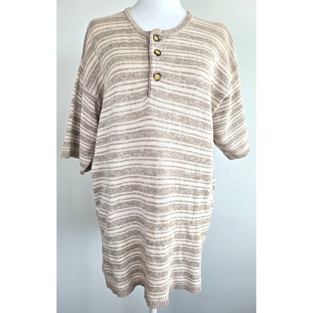 Vtg Thick Cotton Striped Henley Knit Sweater Short Sleeves Tan Brown Quiet Lux